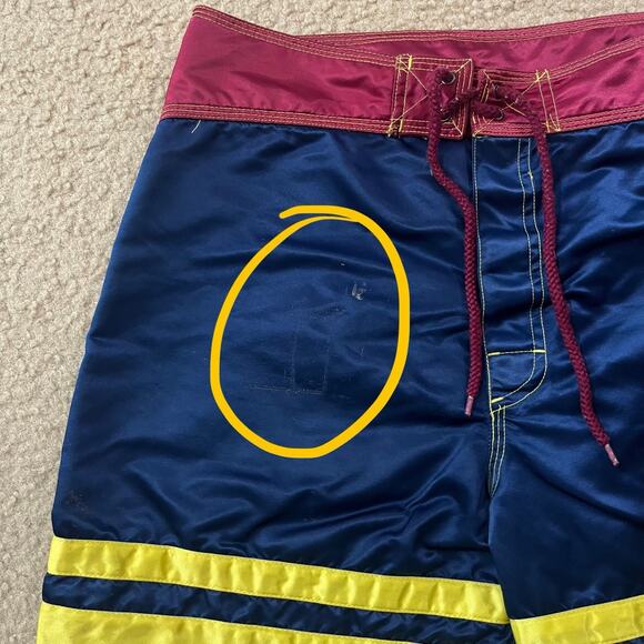 Vtg Ocean Pacific OP Sewn Navy Maroon & Yellow Stripe Board Shorts Mens Size 32 - Picture 3 of 8